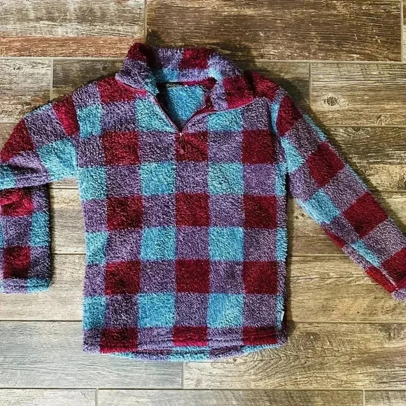 Eddie Bauer Women Plush Sherpa Quarter Zip Mock Neck Pullover Small Red/Blue - Picture 1 of 7